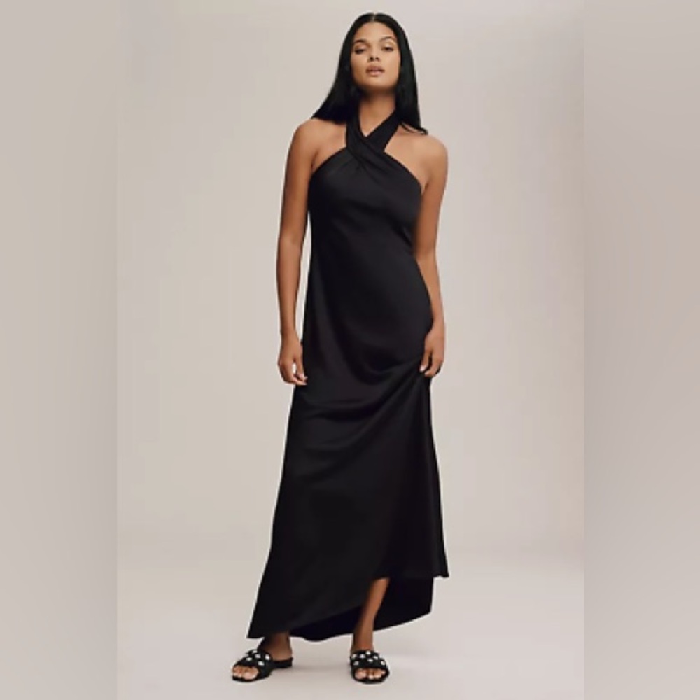 NWOT - BHLDN Anthropologie Ruby Twist Satin Halter Gown in Black